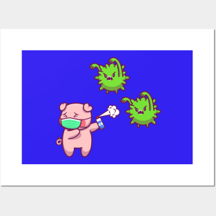 Cute Pig Wear Mask Spray Corona Virus Cartoon Posters and Art